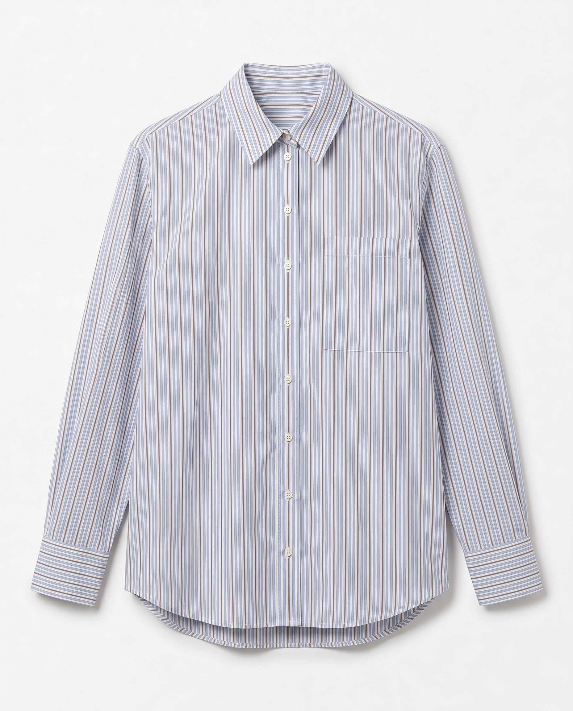A long-sleeve button-up shirt in a striped poplin in colour blue, brown and white, featuring a classic collar and a chest pocket.