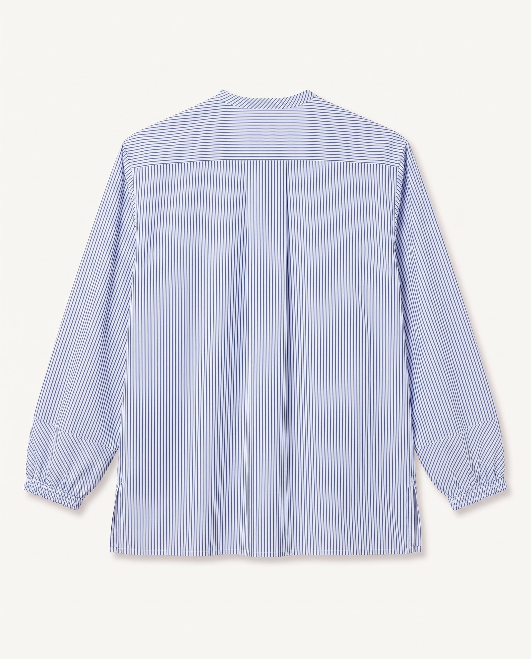 A blue and white striped long-sleeve shirt with band collar and elasticized cuffs.