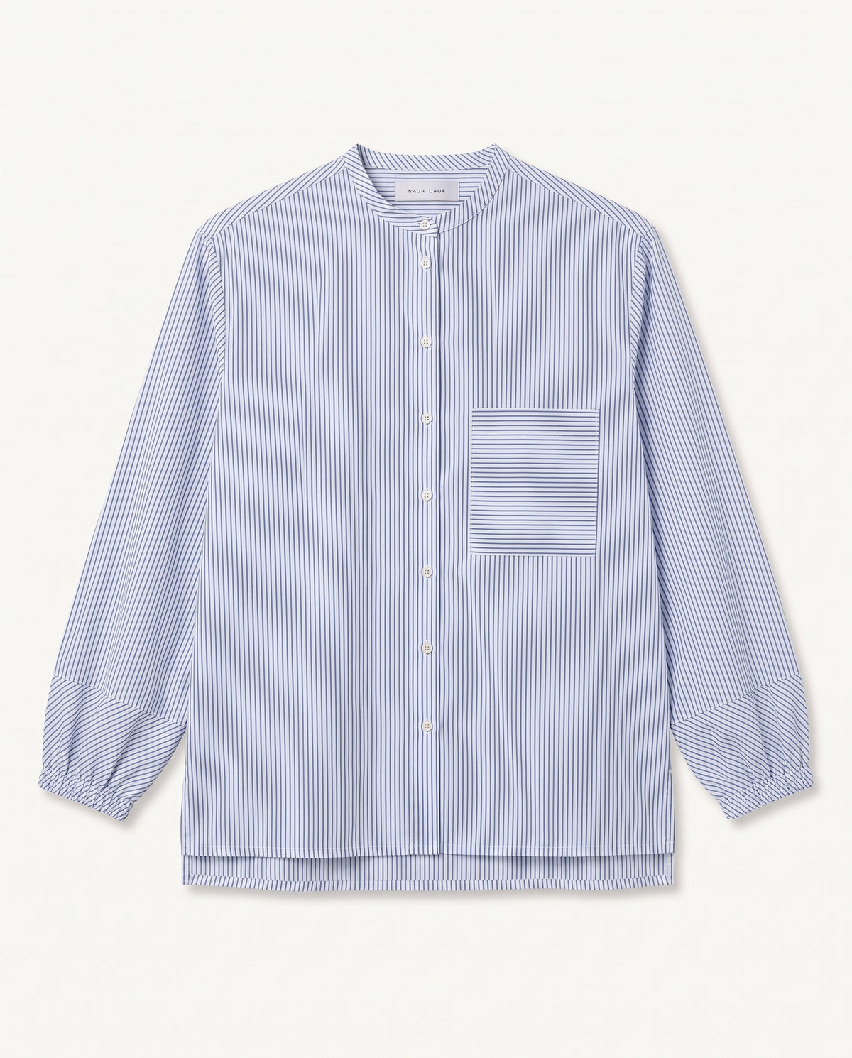 A blue and white striped long-sleeve button-up shirt with a band collar, elasticized cuffs, and a single chest pocket.