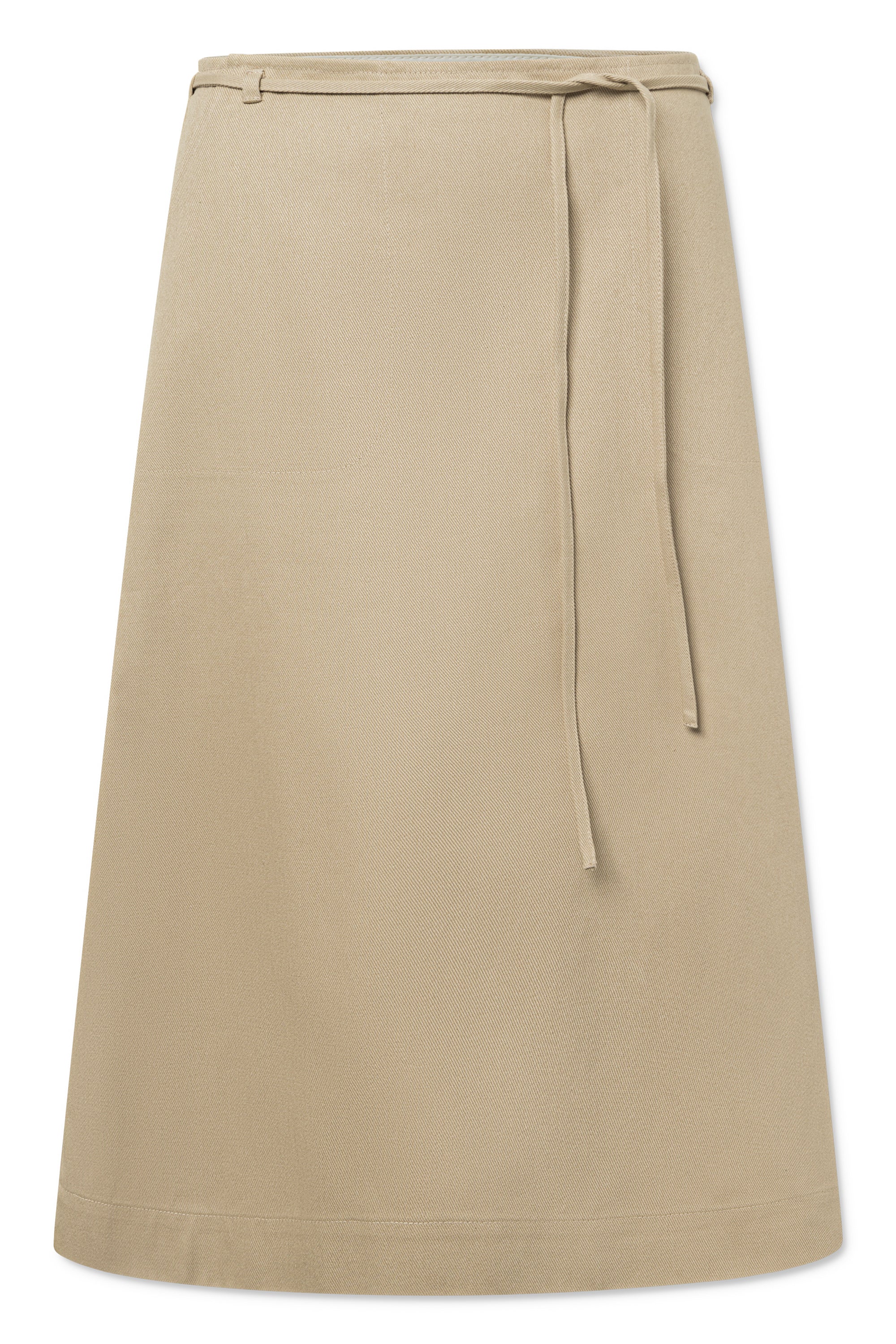 A beige, A-line midi skirt with a tie belt and side pockets.