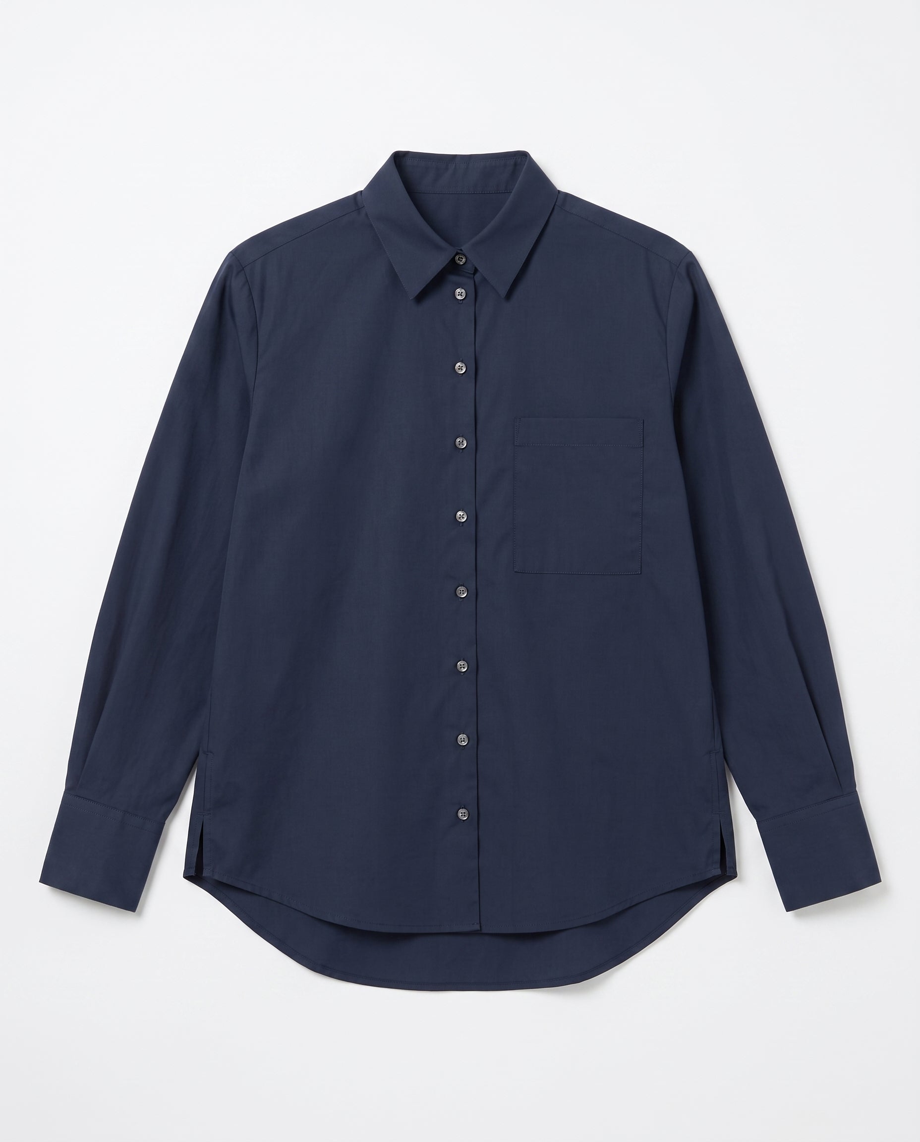 A dark navy blue long-sleeve button-up shirt with a single chest pocket. classic Poplin shirt