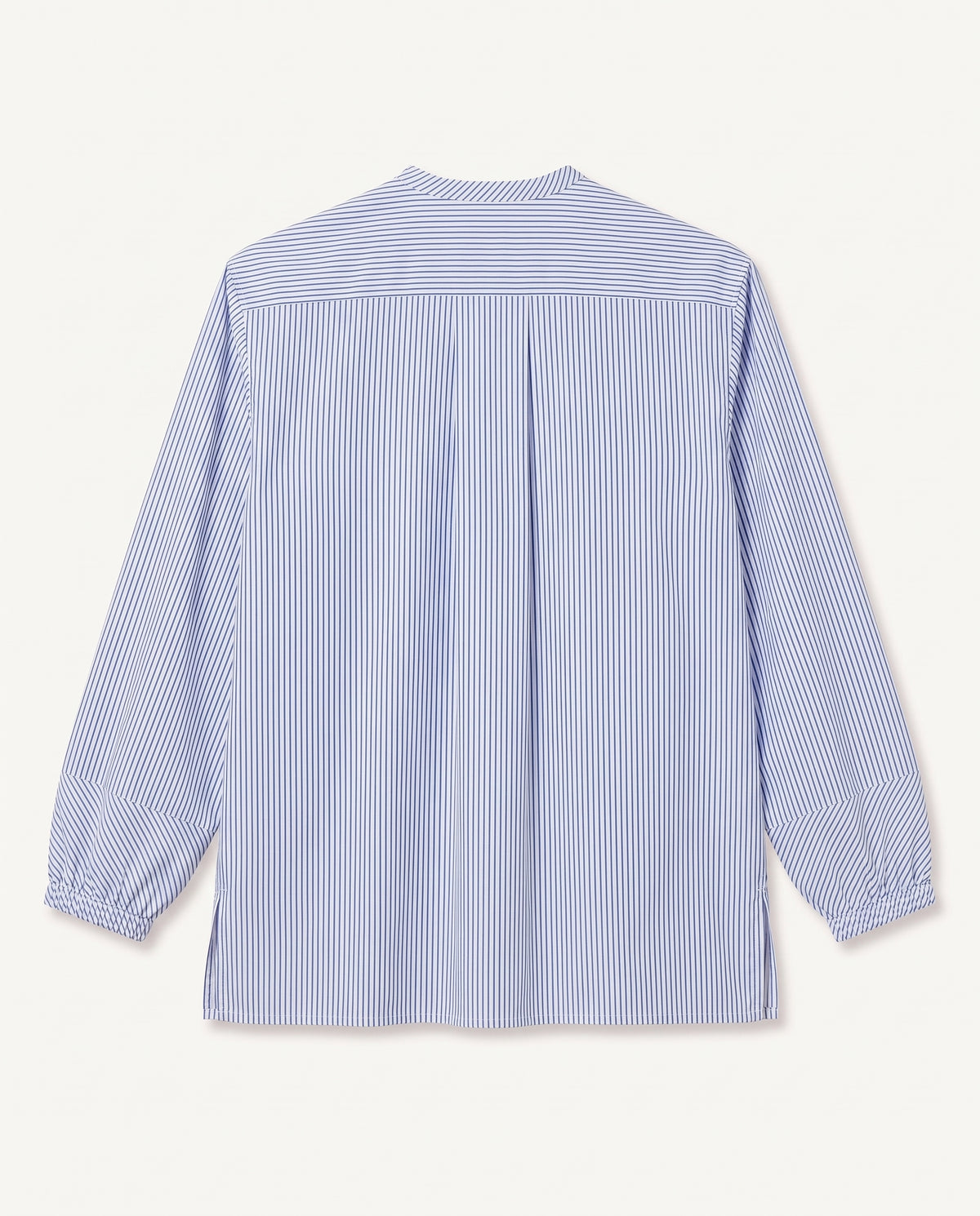 A blue and white striped long-sleeve shirt with band collar and elasticized cuffs.
