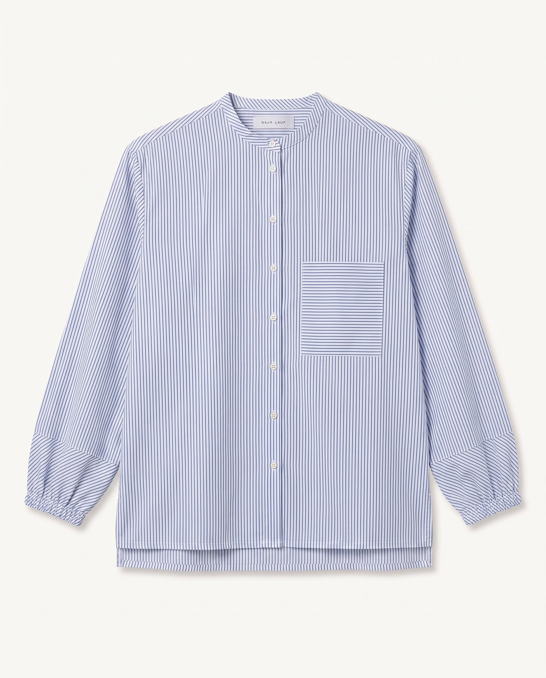 A blue and white striped long-sleeve button-up shirt with a band collar, elasticized cuffs, and a single chest pocket.